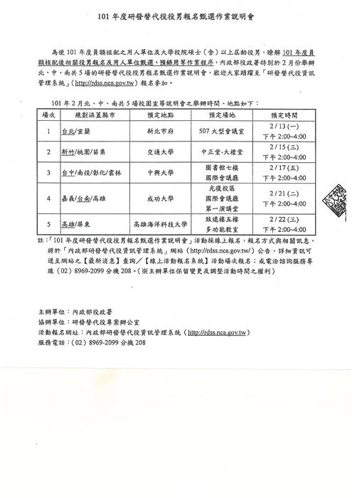 101年度研發替代役役男報名甄選作業說明會